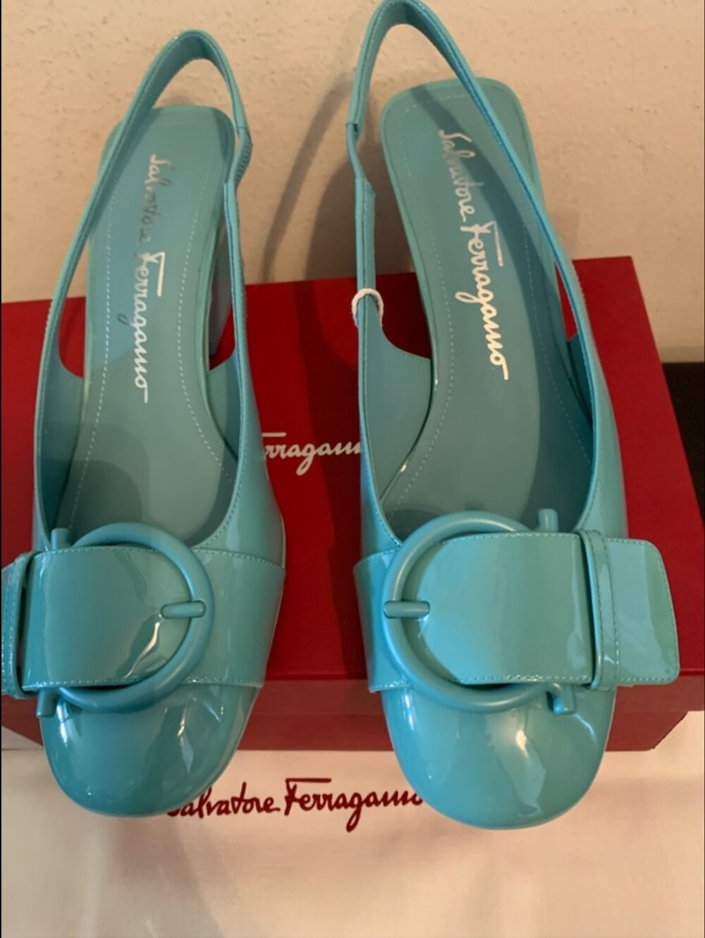 Salvatore Ferragamo Briget 9C Pump TURQUOI LeatherClassic Gancini HEEL Women NWB - Picture 12 of 16